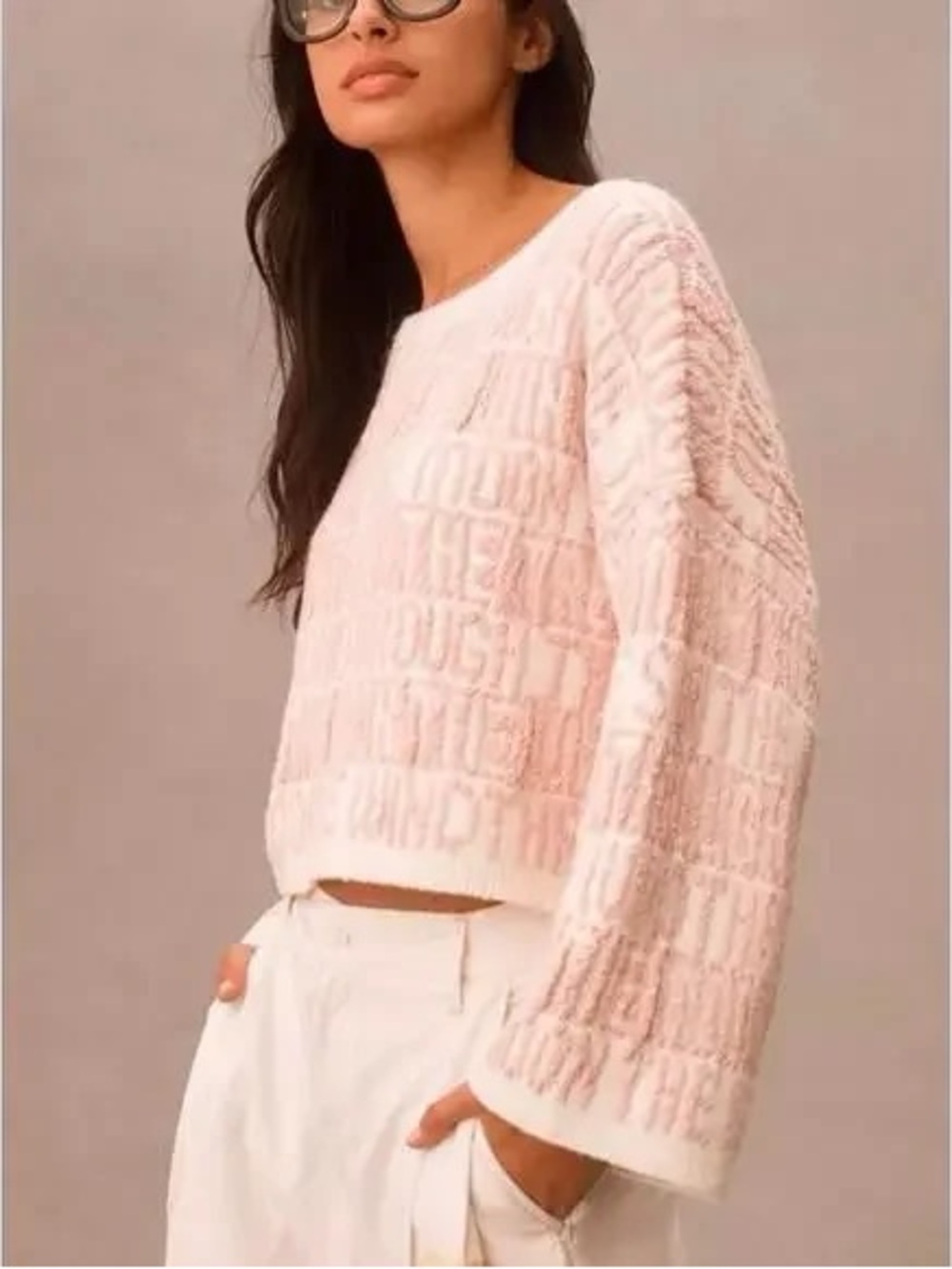 Anthropologie Late Summer Flowers Pink Textured Slogan Sweater M